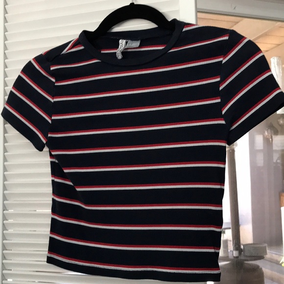 Striped Fitted Ribbed Crop Top Shirt - Picture 1 of 5